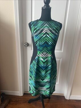 London Times Green & Blue Geometric Fit-and-Flare Dress